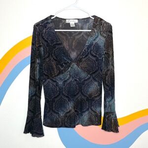 Vintage 90s Witchy Burnout Velvet Top Whimsygoth Blue Brown Bell Sleeve Large